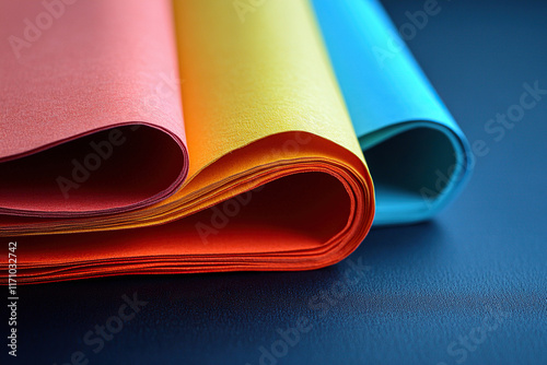 Folded colored sheets of paper stand on the table, top view of the edge of the sheets of paper. Abstract background with colored paper. photo