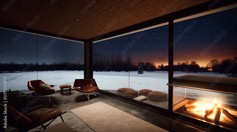 Fototapeta premium between mountains, modern living room with cozy fireplace