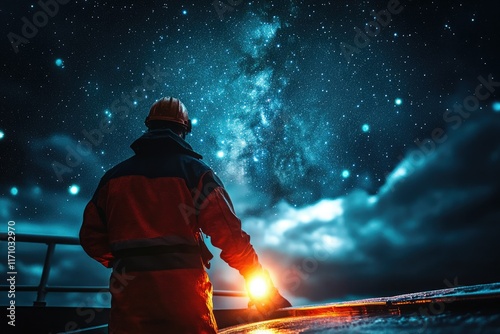 A dramatic night scene of a crew member conducting an emergency drill under starry skies, with safety lights glowing on the deck,copy space background photo