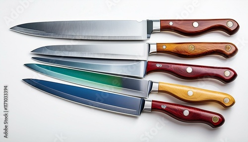 Sleek Chef Knives: A Collection of Five with Colorful Wooden Handles photo