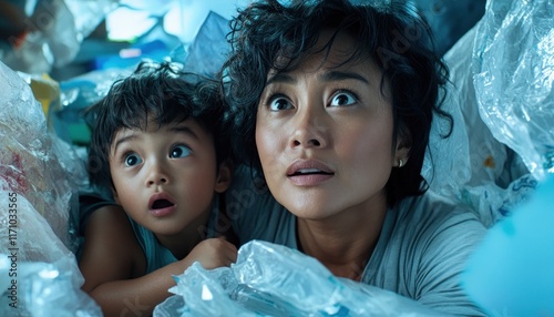 Capture a captivating moment of an Asian mom actively teaching her child new skills to foster emotional and intellectual growth amidst a sea of plastic This image reflects the blend of learning and photo