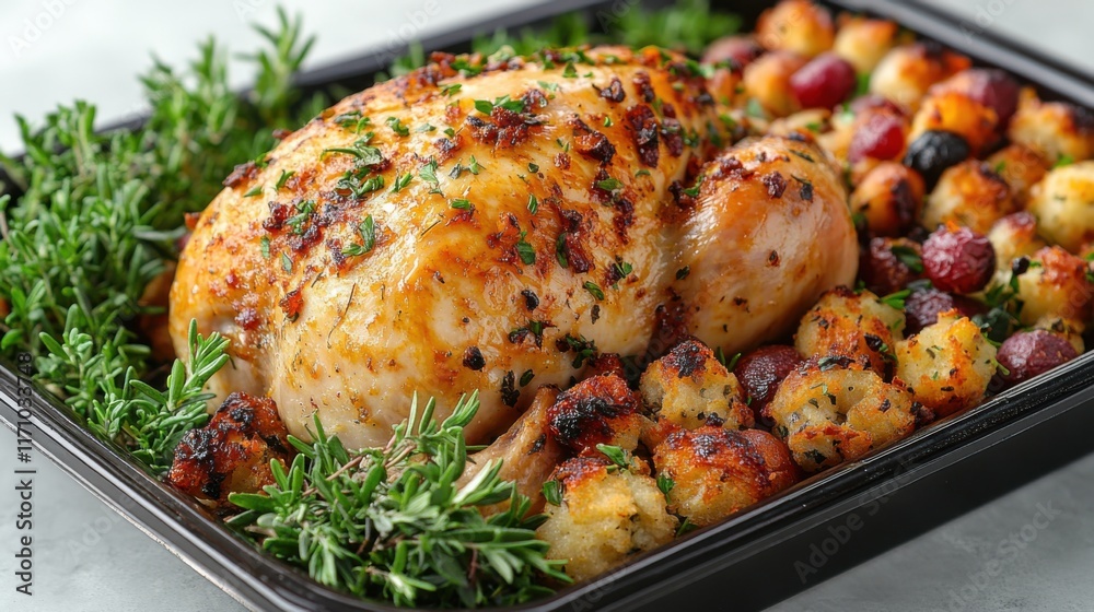 A roasted whole chicken with a bed of stuffing and herbs. A roasted whole chicken with a bed of stuffing and herbs.
