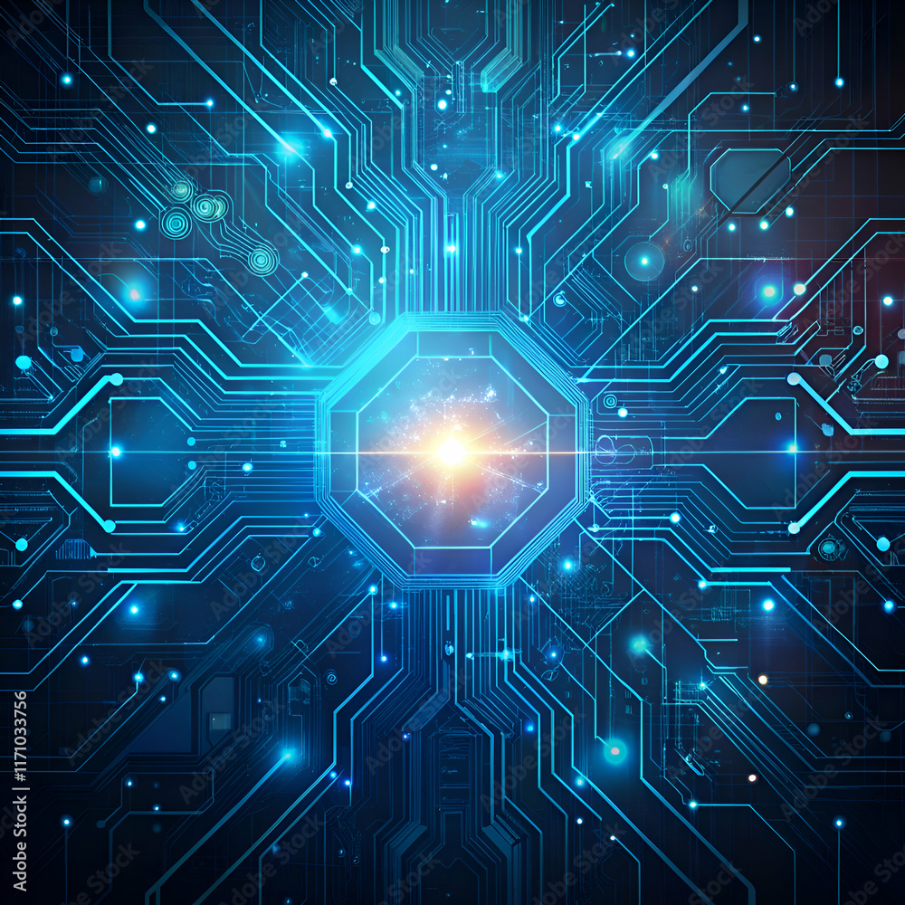 Abstract Technology Background with Glowing Circuit Board Design. Abstract Technology Background with Glowing Circuit Board Design.