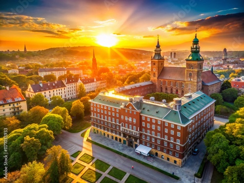 Modern Jagiellonian University Campus in Krakow, Poland with Bokeh Effect photo