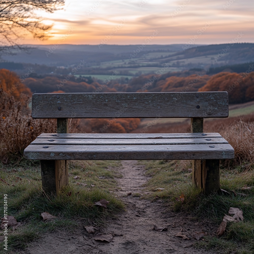 Wooden Bench Overlooking Scenic Autumn Valley Sunset Wooden Bench Overlooking Scenic Autumn Valley Sunset