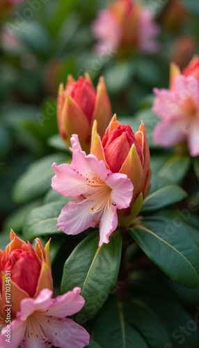 A stunning close-up of rhododendron flowers showcases delicate pink and coral petals nestled among lush green leaves. The image captures the enchanting beauty of nature, highlighting the intricate