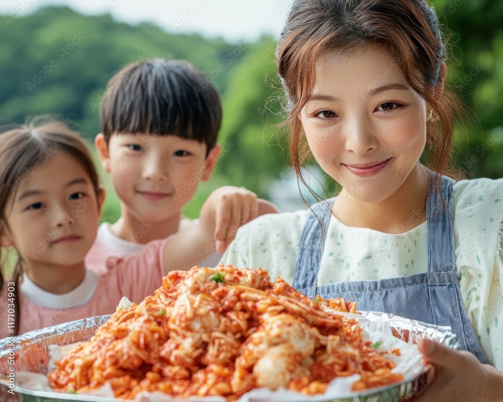 Capture the warmth of a cheerful Asian mother in her kitchen, preparing a wholesome family dinner, while her children eagerly help set the table This image showcases the joy of family mealtime, with Capture the warmth of a cheerful Asian mother in her kitchen, preparing a wholesome family dinner, while her children eagerly help set the table This image showcases the joy of family mealtime, with