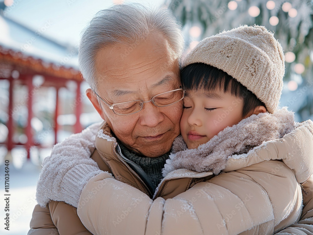 Obraz premium Capturing Asian family nurturing togetherness through support, a tender embrace between an elder and a child Witness the generational bond, as an older person shows love to the younger person, an