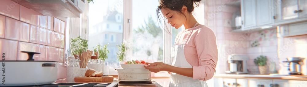 Experience a heartfelt depiction of an Asian mom cooking a nutritious meal in a cozy kitchen filled with love and tradition This image captures the warmth and dedication in meal preparation, focusing Experience a heartfelt depiction of an Asian mom cooking a nutritious meal in a cozy kitchen filled with love and tradition This image captures the warmth and dedication in meal preparation, focusing