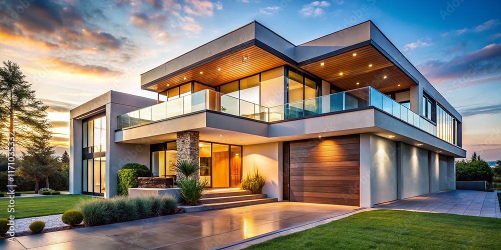 Obraz premium Modern Minimalist House Exterior, Architectural Photography, Contemporary Home Design