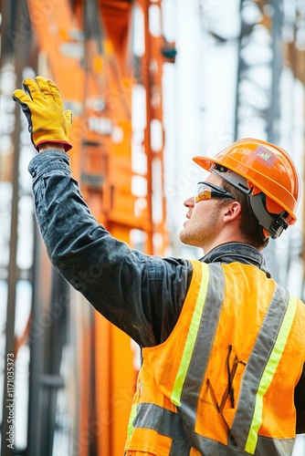 Construction worker gesturing towards crane, showcasing safety g