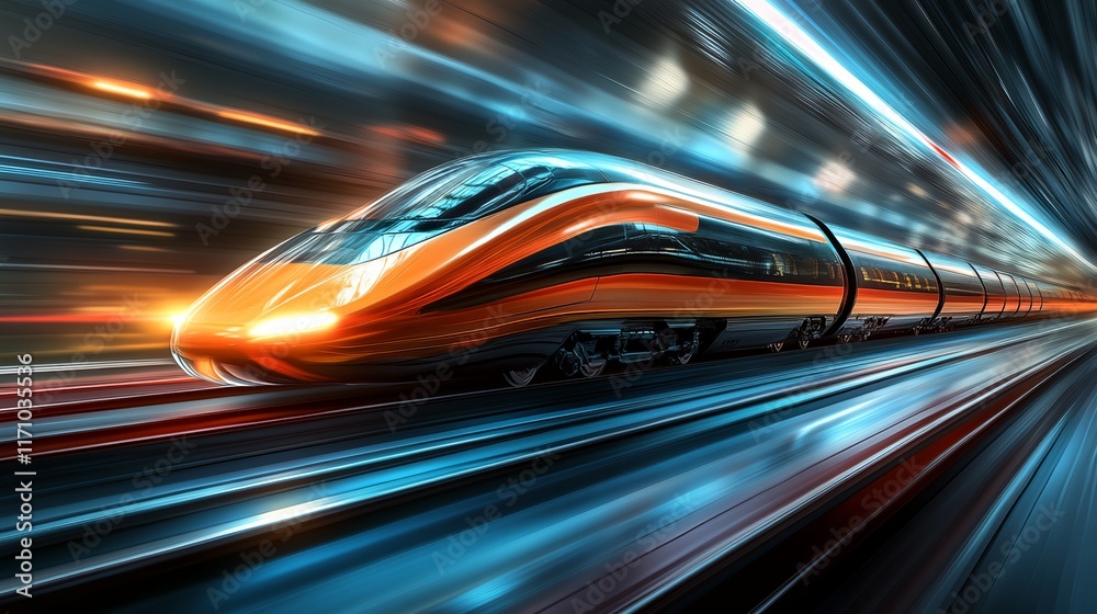 A train is speeding down the tracks with a bright orange stripe A train is speeding down the tracks with a bright orange stripe