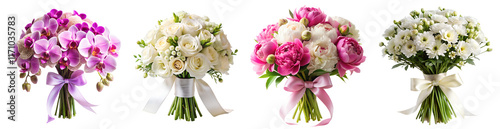 set of beautiful flowers bouquet, soft focus isolated on white