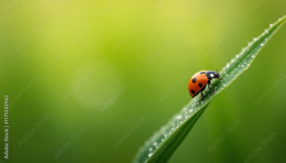 Ladybug crawling on a dewy blade of grass, with blurred green background Ladybug crawling on a dewy blade of grass, with blurred green background