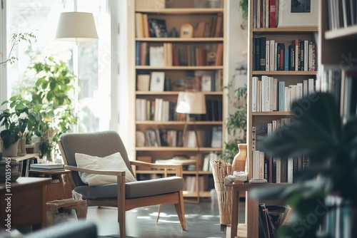 Wallpaper Mural Cozy reading nook filled with sunlight, bookshelves, and lush gr Torontodigital.ca