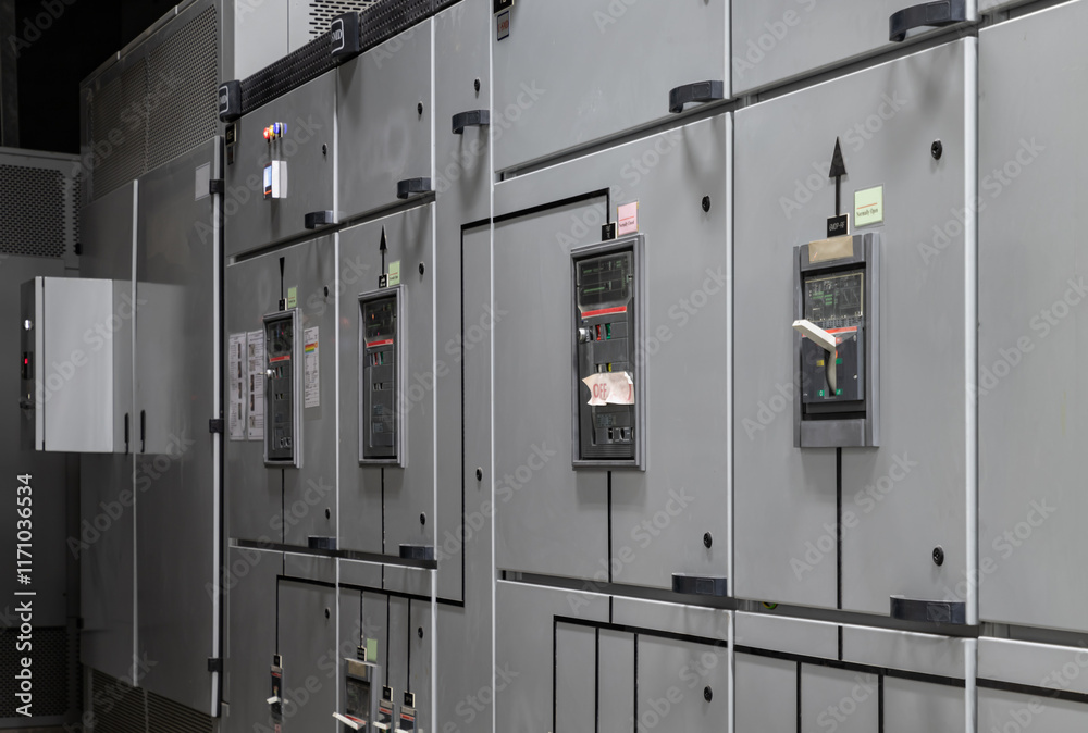 Perspective side view of Control panel system integration inside of Electric voltage control room. integrating hardware and software from multiple suppliers into a single control system solution.