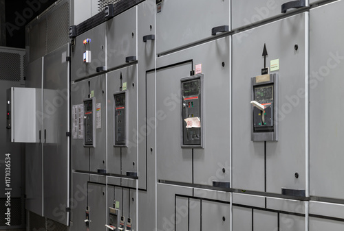 Obraz na płótnie Perspective side view of Control panel system integration inside of Electric voltage control room. integrating hardware and software from multiple suppliers into a single control system solution. w salonie