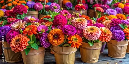 Surreal Farmers Market: Purple Licanthus & Zinia Blooms in Brown Paper Bouquets photo