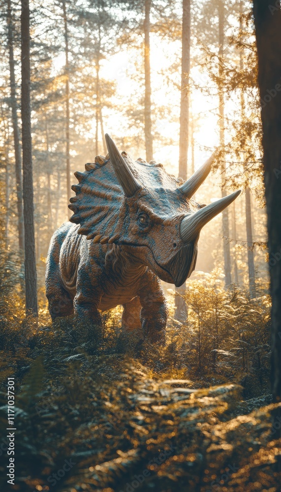Fototapeta premium A triceratops in a forest setting, illuminated by soft sunlight through the trees.