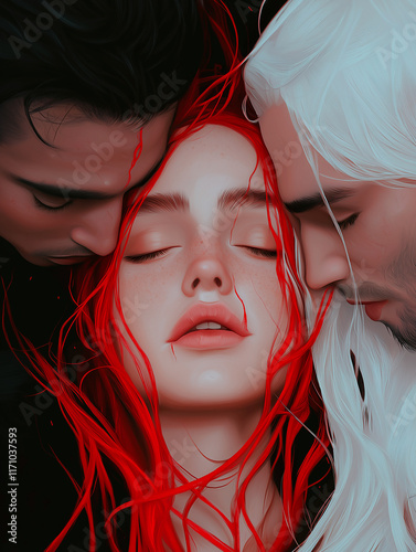 Romantic fantasy. Book cover depicting three people in an intimate embrace. Beautiful men and a woman, portraits