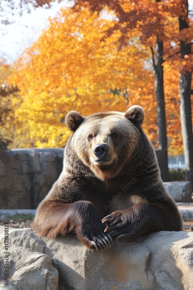 Obraz premium A bear resting on a rock with autumn foliage in the background.