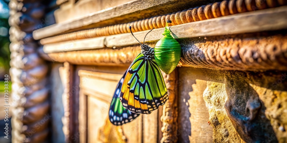 Fototapeta premium Monarch Butterfly Chrysalis on Architectural Detail - Stunning Nature Photography