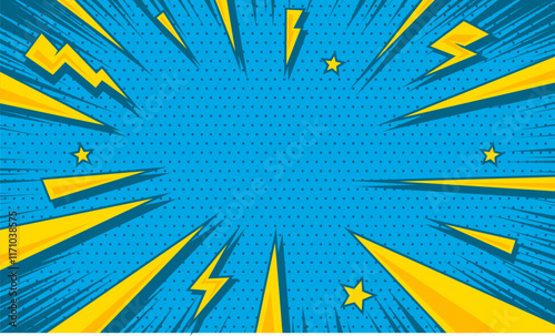 Comic burst blue background with yellow thunder and star