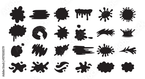 Water splash silhouettes.Water drops shapes, liquid burst splashes and ink blot hand drawn vector set of silhouette.Vector Illustration EPS 10