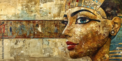 Stunning mural of an ancient queen with intricate details and vibrant colors displayed on a weathered wall photo