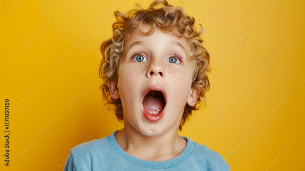 A very surprised little boy with wide open eyes and mouth on a yellow background
A very surprised little boy with wide open eyes and mouth on a yellow background
