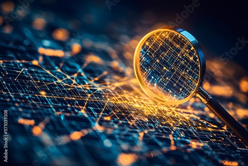 A magnifying glass floating over an abstract digital grid, representing data analysis and hidden details in the web development process. The background is blur photo