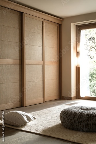 Japandi-inspired beige wardrobe with sliding wooden panels.