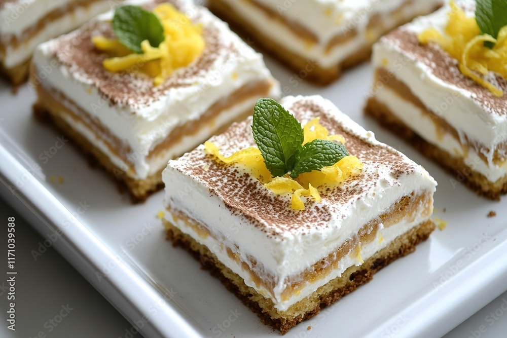 Delicious layered dessert with creamy topping, garnished with mi Delicious layered dessert with creamy topping, garnished with mi