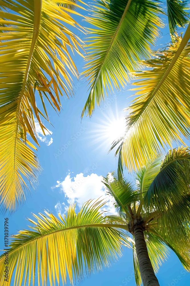 Vibrant Palm Tree Leaves Under Clear Blue Sky Tropical Paradise Nature Photography Outdoor Serenity Upward Perspective Vibrant Palm Tree Leaves Under Clear Blue Sky Tropical Paradise Nature Photography Outdoor Serenity Upward Perspective