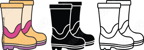 Colorful Rubber Boots Yellow, Black, White Line Art Pair