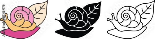 Snail Shell Designs Pink, Black, Outline Leaf Illustrations