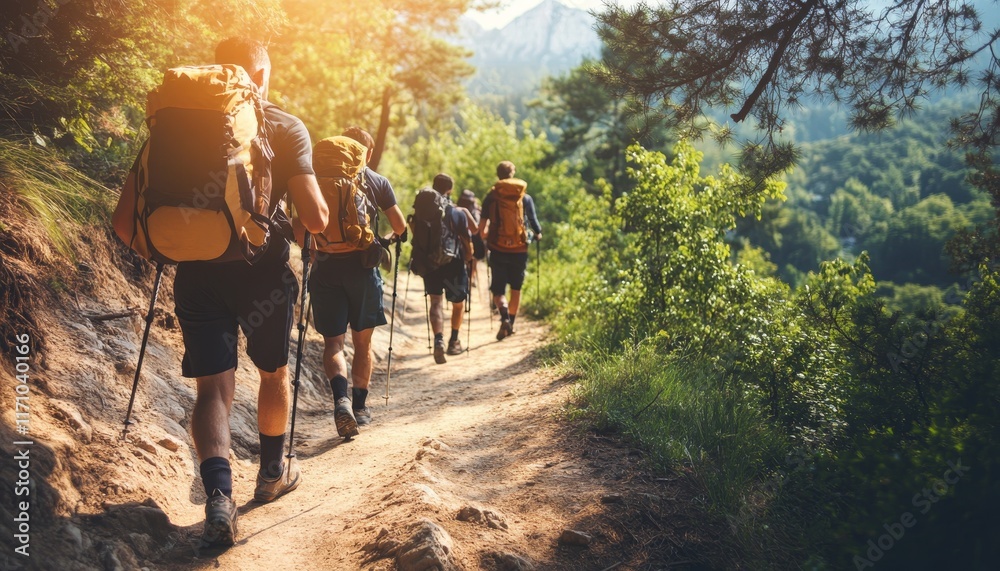 Obraz premium Group Of Friends Hiking On Sunny Trail, Exploring The Great Outdoors, Enjoying Scenic Mountain Views