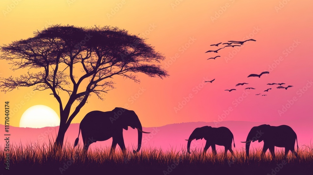 Fototapeta premium Silhouetted Animals Walking at Dawn in a Grassy Field