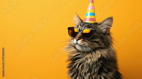 A cat in a birthday hat on a yellow background and a copy space