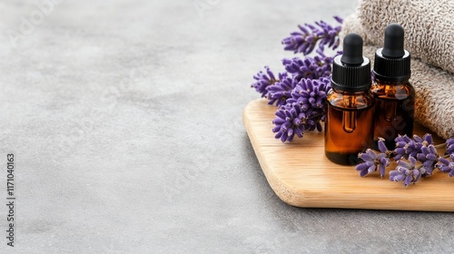 Lavender essential oil bottles with fresh lavender flowers on bamboo tray.