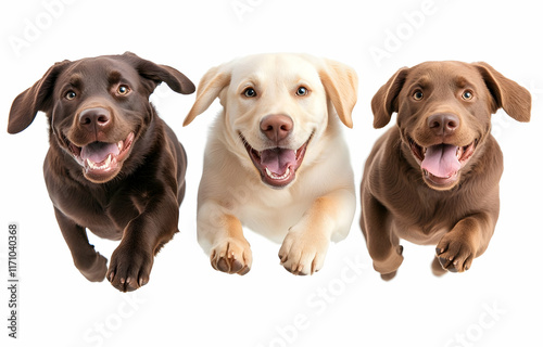 A group of three cute labrador puppies sitting together on a white background