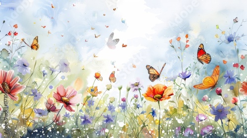 A watercolor painting of a meadow with flowers and butterflies flying over it