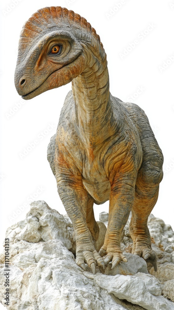 A realistic depiction of a dinosaur standing on rocky terrain. A realistic depiction of a dinosaur standing on rocky terrain.