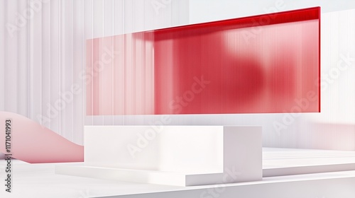 Modern 3D render of a white podium with a subtle pink glass texture in a sleek architectural setting. A large red sign rotating horizontally adds a dynamic visual element.