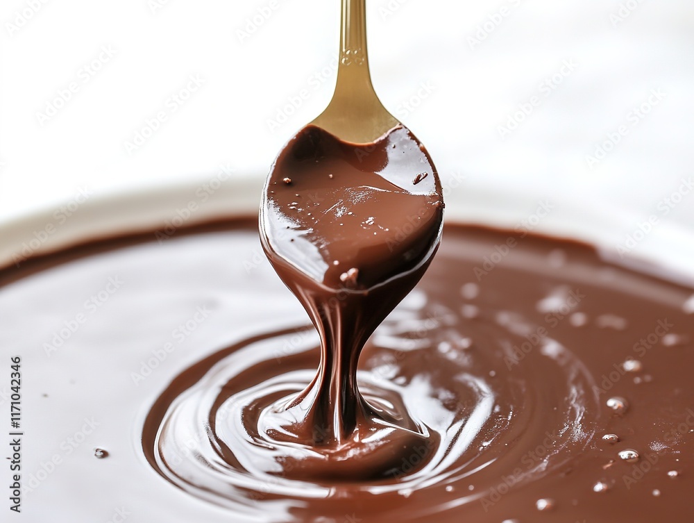 Rich, glossy chocolate sauce swirls around golden spoon, invitin