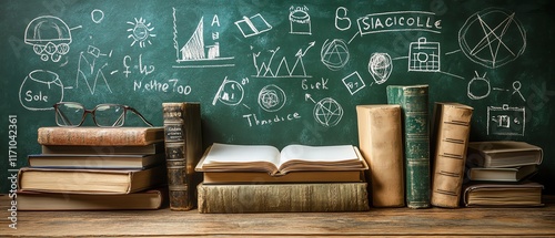 A backtoschool scene with a stack of books in front of a green chalkboard filled with academic symbols and inspiring messages photo