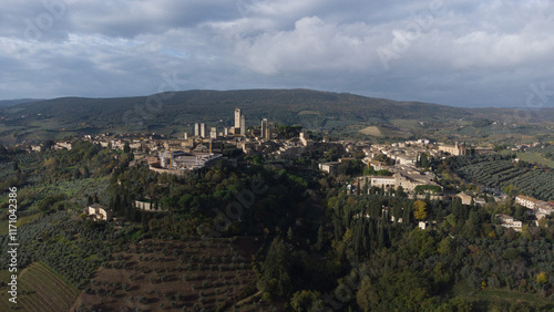 Mid-Range Aerial View of San Gimignano Surrounded by Tuscan Landscape