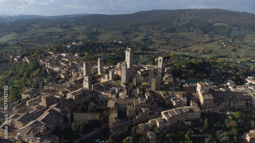 Aerial Perspective of San Gimignano Surrounded by Rolling Hills