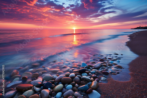 beach at sunset, with its captivating beauty, reveals mesmerizing blend of warm hues in evening sky, shimmering reflection on water, and tranquil ambiance of twilight, evoking a sense of awe and wonde photo