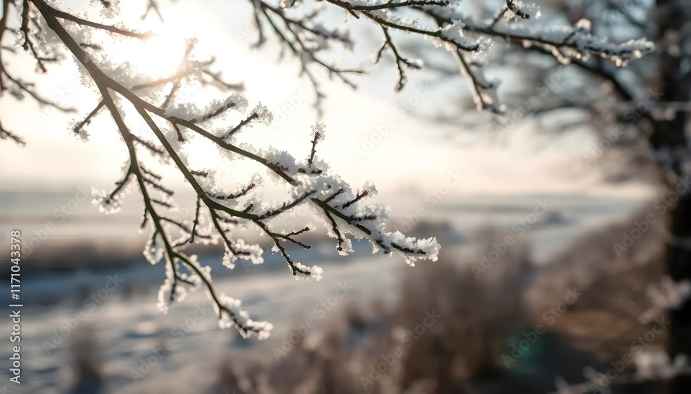 Obraz premium Close-up of frosted branches on a winter day.